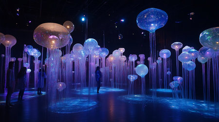 People explore a captivating art installation featuring illuminated spheres suspended above a reflective floor, creating a surreal, dreamlike atmosphere with vibrant blue and purple hues.の素材