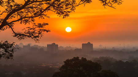 A vibrant golden sunrise bathes a misty cityscape, silhouetted by tree branches. The sun casts a warm glow over buildings and trees, creating a serene and atmospheric scene.の素材