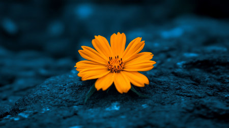 A striking close-up of a bright orange zinnia flower resting on a textured blue stone surface, set against a dark, moody background. The contrast creates a captivating visual.の素材