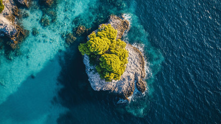 Aerial shot of a small, rocky islet covered in vibrant green trees, surrounded by turquoise and deep blue sea. Waves gently lap against the rocky shore.の素材