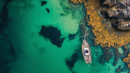 An aerial shot captures a sailboat anchored in clear, turquoise water near a rocky coastline covered in golden seaweed, creating a serene and picturesque scene.の素材