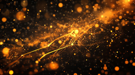 Abstract golden network of glowing particles and lines on a dark background, creating a sense of connection, technology, and futuristic design.の素材