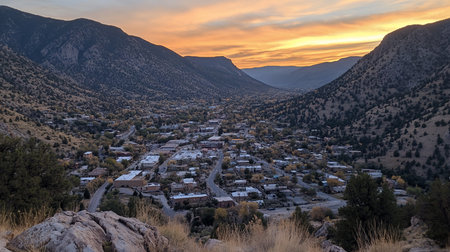 Panoramic view of Virginia City, Nevada, nestled in a valley at sunset. Golden light illuminates the sky, casting a warm glow over the town and surrounding mountains.の素材