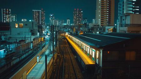 Night view of a Tokyo train station, showcasing illuminated platforms and tracks. High-rise buildings create a striking urban backdrop, with a moody, atmospheric feel.の素材