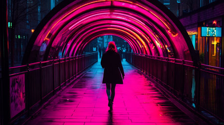 A woman walks through a neon-lit tunnel walkway at night, bathed in vibrant pink and blue hues. The wet pavement reflects the colorful lights, creating a surreal urban scene.の素材