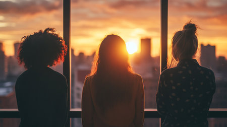 Three women stand silhouetted against a vibrant orange sunset, gazing out a window at the city skyline. The sun bursts through the center, creating a warm, hopeful atmosphere.の素材