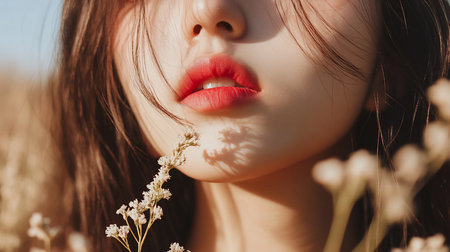 Intimate close-up of a woman's face, focusing on her red lips and the delicate white flowers she holds. Soft, natural lighting enhances the skin's texture and creates a serene mood.の素材
