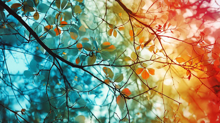 A low-angle shot captures the vibrant autumn foliage with leaves transitioning from blue to orange against a gradient sky, creating a warm, ethereal atmosphere.の素材