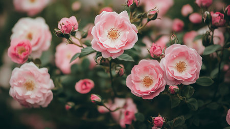 Close-up of blooming pink roses with buds, set against a dark green foliage background. Soft, diffused light enhances the delicate petals, creating a serene and romantic atmosphere.の素材