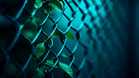 A close-up captures vibrant green vines clinging to a teal-lit chain-link fence, creating a striking contrast and a sense of nature reclaiming industrial space.の素材