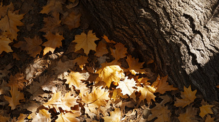 A close-up captures fallen golden autumn leaves clustered around the base of a large, textured tree trunk, bathed in dappled sunlight, creating a warm, seasonal scene.の素材
