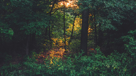 A tranquil forest scene with sunlight filtering through trees, creating a golden glow on the path. Lush green foliage and dark tree trunks create a serene atmosphere.の素材