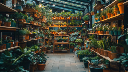 A greenhouse interior filled with potted plants on wooden shelves, illuminated by soft lighting, creating a serene and verdant indoor garden space.の素材