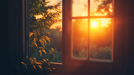 A sunlit window frames a vibrant sunset, casting a warm glow on a plant silhouette indoors. The light creates a serene, inviting atmosphere, blending nature and home.の素材