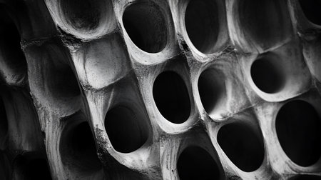 Close-up of a concrete grid structure featuring oval openings, presented in a monochromatic palette. The image highlights architectural details, textures, and the interplay of light and shadow.の素材