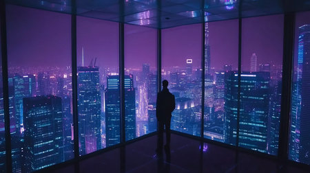 A lone figure gazes out from a high-rise window at a sprawling cityscape bathed in violet and blue light, creating a sense of solitude and urban contemplation at night.の素材