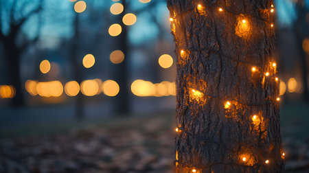 A close-up of a tree trunk wrapped in glowing fairy lights, set against a blurred background of more lights, creating a magical, festive atmosphere in the twilight.の素材