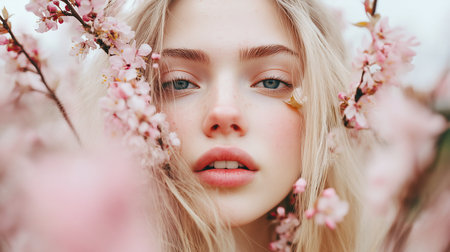Close-up of a fair-skinned blonde woman with blue eyes, framed by blooming pink cherry blossoms. Soft, diffused light enhances her delicate features, creating an ethereal, dreamy mood.の素材