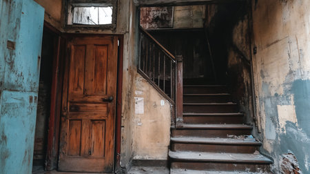 Interior shot of a decaying building featuring a wooden staircase, weathered doors, and peeling paint. The dim lighting and aged textures create a sense of abandonment and decay.の素材