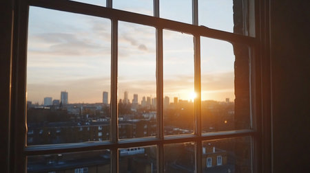 A warm sunset illuminates a cityscape seen through a multi-paned window. The golden light bathes the buildings, creating a serene and nostalgic atmosphere.の素材
