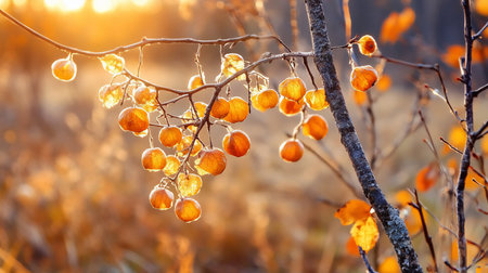 A close-up captures a branch of Physalis, its lantern-like fruits glowing in the warm light of autumn, creating a serene and inviting natural scene.の素材