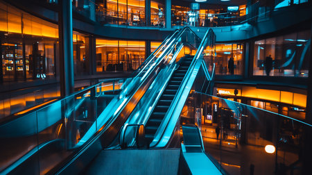Interior shot of escalators in a modern mall, featuring a striking contrast of blue and orange lighting, creating a vibrant and futuristic atmosphere.の素材
