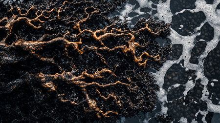 Close-up of black volcanic rock with golden veins, contrasted by foamy water. The texture is rough and intricate, creating a visually striking natural pattern.の素材