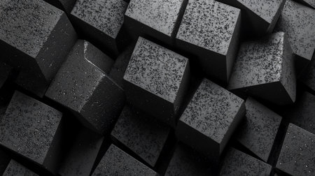 Abstract composition featuring textured black cubes arranged in a geometric pattern. Dramatic lighting emphasizes the shapes and textures, creating a visually striking and modern design.の素材