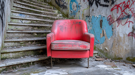 A weathered red armchair sits forlornly in an abandoned building, surrounded by graffiti-covered walls and moss-covered stairs, evoking a sense of urban decay and forgotten stories.の素材