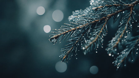 A close-up captures a pine branch adorned with glistening water droplets, set against a blurred bokeh background, evoking a serene, natural, and slightly melancholic mood.の素材