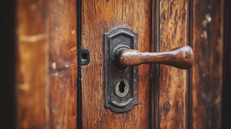 Close-up of an old wooden door featuring a weathered handle and keyhole. The wood grain is visible, adding texture and character to the vintage architectural element.の素材