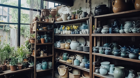 A diverse assortment of pottery, ceramics, and plants displayed on aged wooden shelves, bathed in soft natural light, evoking a sense of rustic charm and artistic collection.の素材