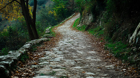 A winding stone path, scattered with autumn leaves, cuts through a lush forest. Mossy stone walls line the way, creating a serene and timeless landscape.の素材
