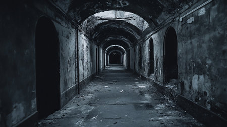 A long, dark tunnel with arched ceilings and doorways, showing decay and neglect. The perspective draws the eye into the darkness, creating a sense of mystery and unease.の素材