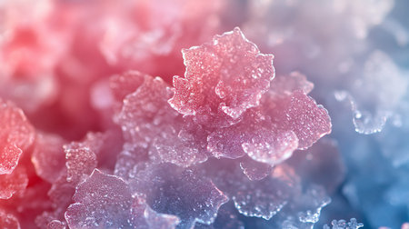 A macro shot reveals intricate ice crystals, their delicate structures highlighted by a soft pink and blue gradient, creating an ethereal, abstract winter scene.の素材