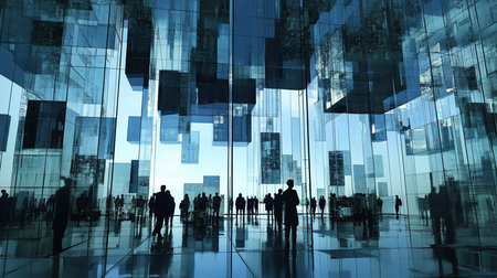 Silhouetted figures gather in a modern space filled with floating geometric shapes and reflections. The scene evokes a sense of mystery and contemplation under soft, diffused light.の素材