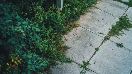 A high-angle shot shows a concrete sidewalk overtaken by lush greenery. Weeds sprout between the cracks, blurring the line between urban and natural environments.の素材