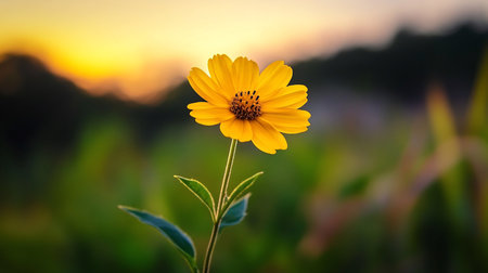 A vibrant yellow flower stands tall, its petals catching the warm light of a sunset. The blurred background adds depth, highlighting the flower's delicate beauty.の素材