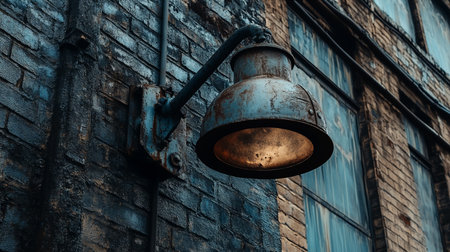 A weathered, rusty industrial lamp casts a warm glow against a dark brick wall, reflecting light in nearby windows. The scene evokes a sense of urban decay and forgotten industry.の素材