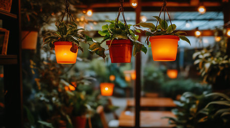 Three hanging planters glow with warm light, illuminating lush greenery in a cozy indoor setting. Soft, diffused light creates a relaxing atmosphere, perfect for a cafe or home.の素材