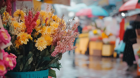 A colorful bouquet of yellow, pink, and red flowers sits in a blue basket on a rainy market day, with blurred figures and umbrellas in the background.の素材
