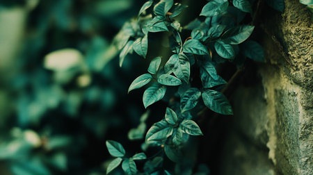 A close-up captures vibrant green leaves trailing down a rough, mossy stone wall. The scene is bathed in soft, diffused light, creating a tranquil and natural atmosphere.の素材