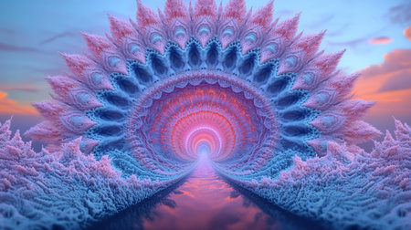 A surreal fractal landscape featuring a tunnel-like structure in pink and blue hues, reflected in water. The scene evokes a dreamlike, otherworldly atmosphere.の素材