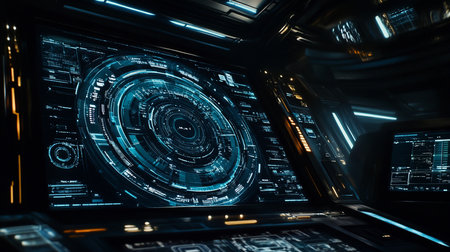 Inside a dark, high-tech spaceship cockpit, a vibrant blue circular HUD dominates the view, displaying complex data. Other screens show graphs and text, illuminated by neon lights.の素材