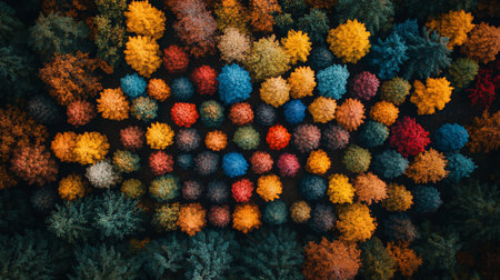 A high-angle shot reveals a dense forest canopy in autumn, showcasing a vibrant array of colors including yellow, orange, red, and blue. The trees create a textured, mosaic-like pattern.の素材