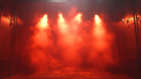 A stage bathed in red smoke, illuminated by spotlights. Ornate walls and wooden floors add to the dramatic atmosphere, creating a sense of mystery and anticipation.の素材