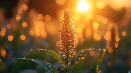 A golden flower stands tall, its leaves adorned with dew drops, bathed in the warm glow of the sun. Bokeh lights add a magical touch to the scene.の素材