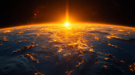 A dramatic, high-angle view of a planet with a bright, intense beam of light emanating from its surface into space, illuminating the atmosphere and creating a fiery, apocalyptic scene.の素材