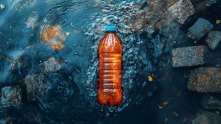 An orange plastic bottle with a blue cap floats in dark blue water, surrounded by rocks and scattered leaves. The water ripples around the bottle, creating a sense of movement.の素材