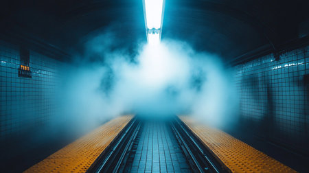A subway platform shrouded in mist, illuminated by a bright light source. The yellow edge of the platform contrasts with the blue-toned tiles, creating a surreal atmosphere.の素材